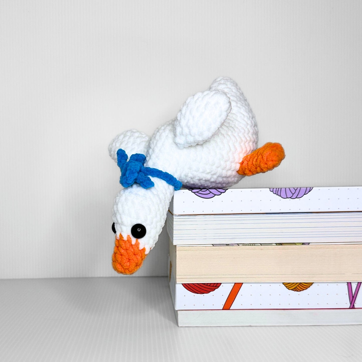 Handmade Shelf Goose Crochet Plush — Draping White Goose with Blue Bow Tie - pursuitofcraftyness