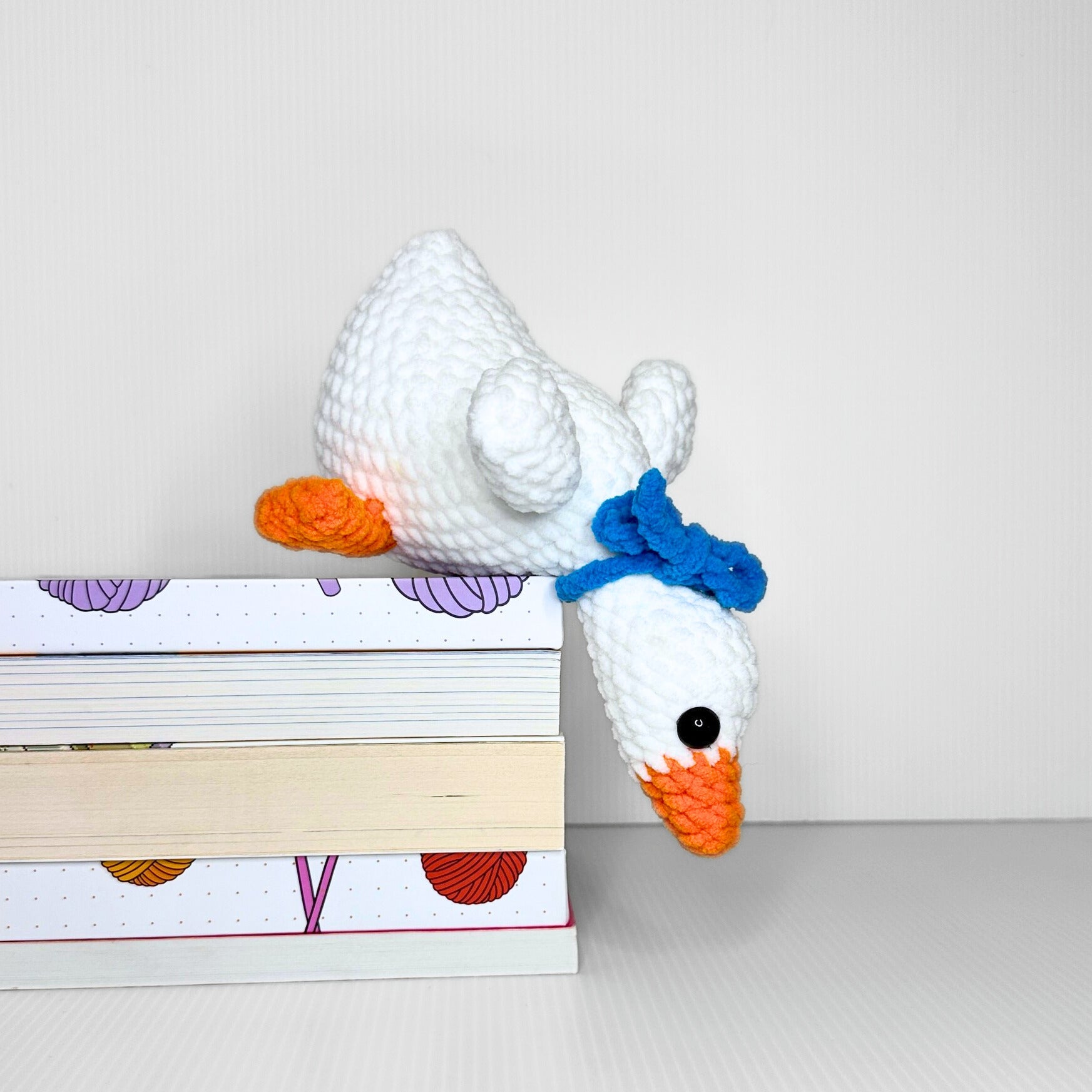 Handmade Shelf Goose Crochet Plush — Draping White Goose with Blue Bow Tie - pursuitofcraftyness