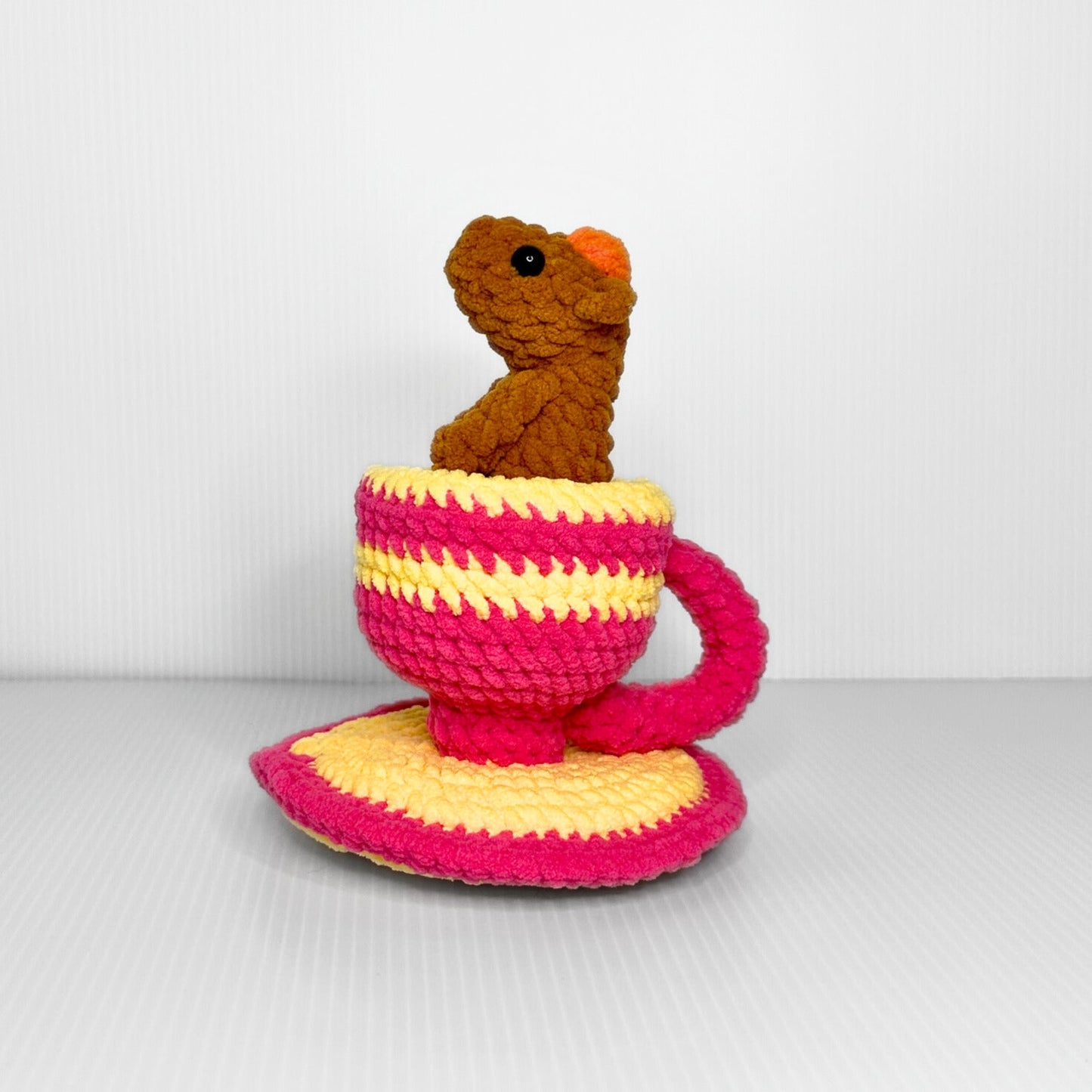 Handmade Teacup Capybara Crochet Plush — Kawaii Capybara in a Striped Cup - pursuitofcraftyness