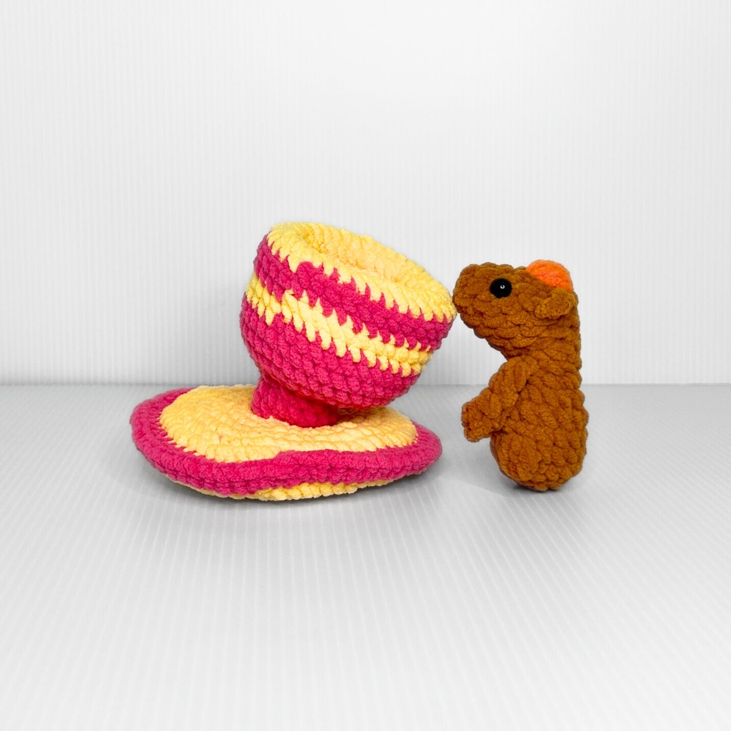 Handmade Teacup Capybara Crochet Plush — Kawaii Capybara in a Striped Cup - pursuitofcraftyness