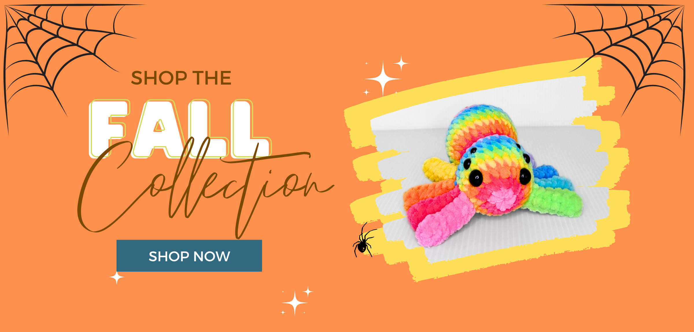 Promotional graphic for a fall collection featuring a crocheted rainbow octopus toy on a bright orange background with spiderweb corner decorations, a torn-paper style frame around the toy, and 'SHOP THE FALL Collection' text with a 'SHOP NOW' button.