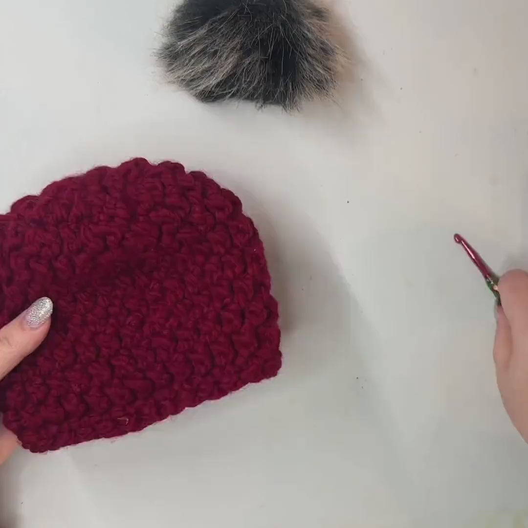 Crochet Newborn Beanie: Acrylic Wool Blend with Faux Fur Pom
