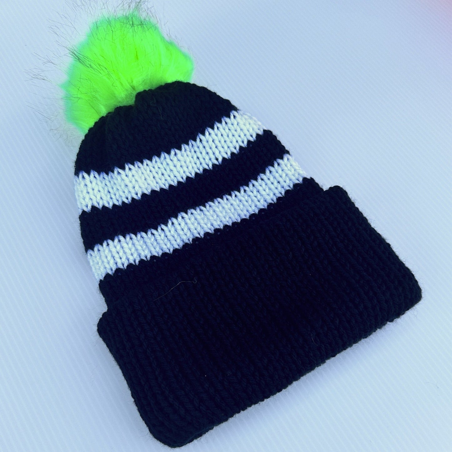 Striped Winter Beanie: Gothic Black & White Hat with Neon Green Pom - pursuitofcraftyness