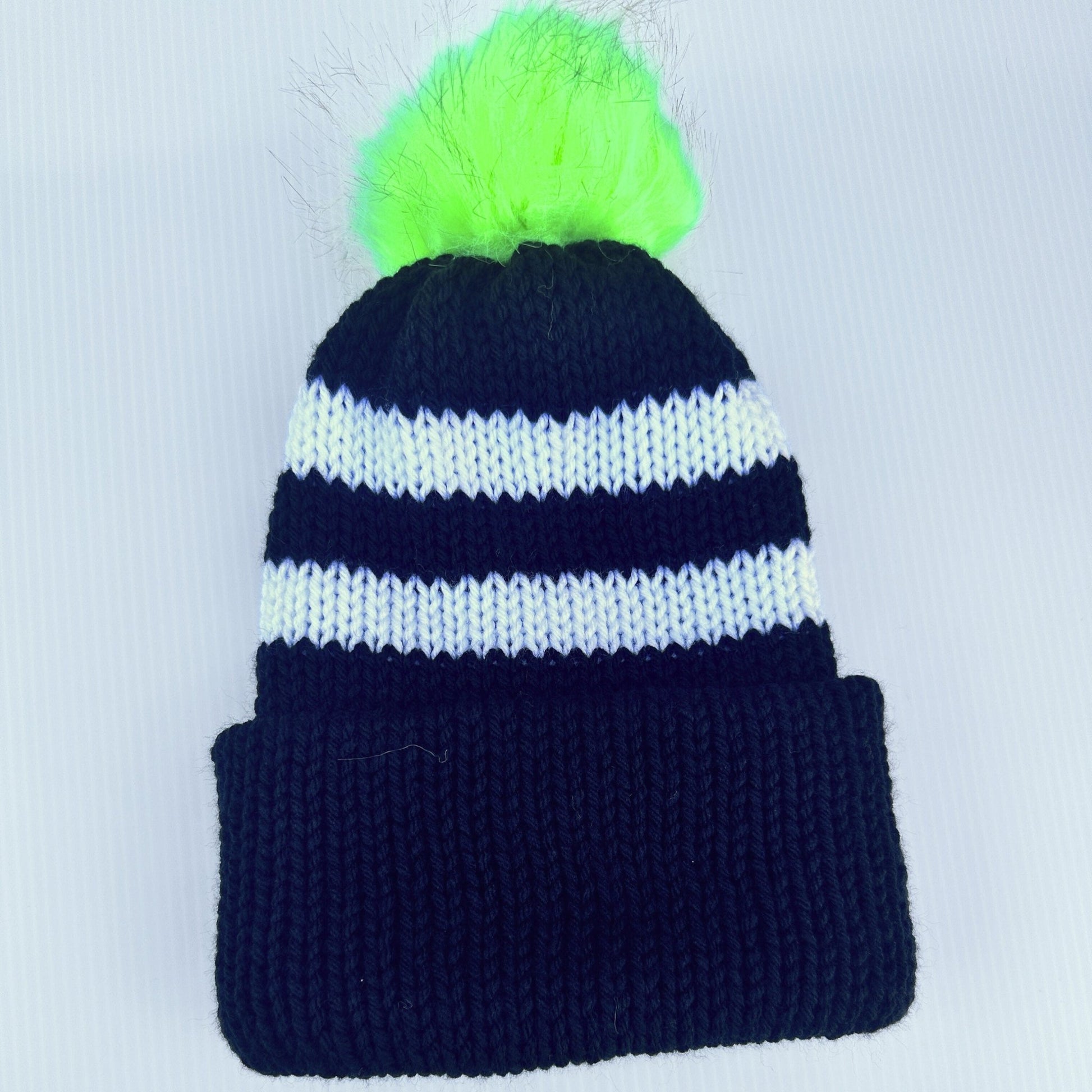Striped Winter Beanie: Gothic Black & White Hat with Neon Green Pom - pursuitofcraftyness