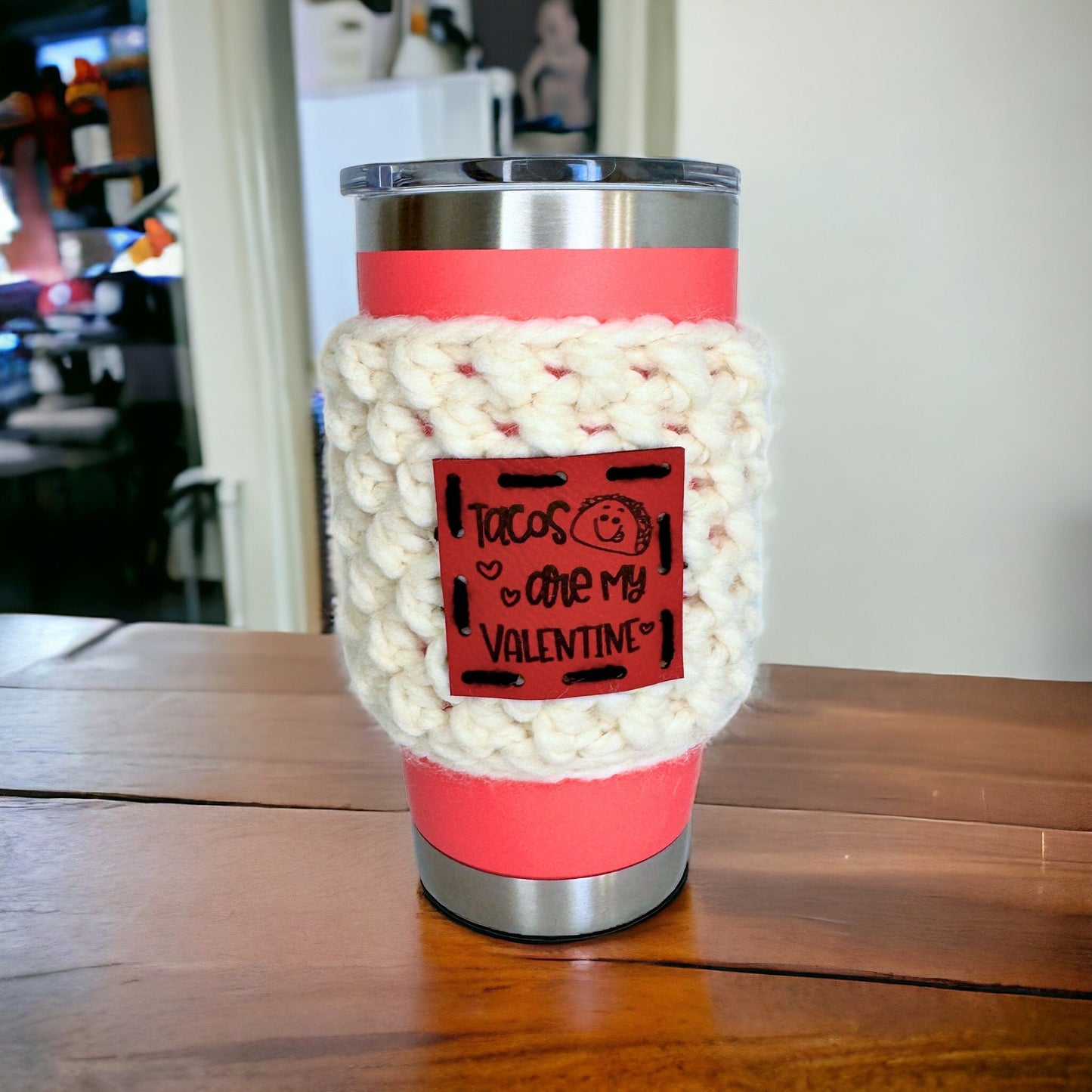 Valentine's Day Crochet Reusable Travel Mug Koozie - Pink, Red, Cream - Galantine's Day Gift - pursuitofcraftyness